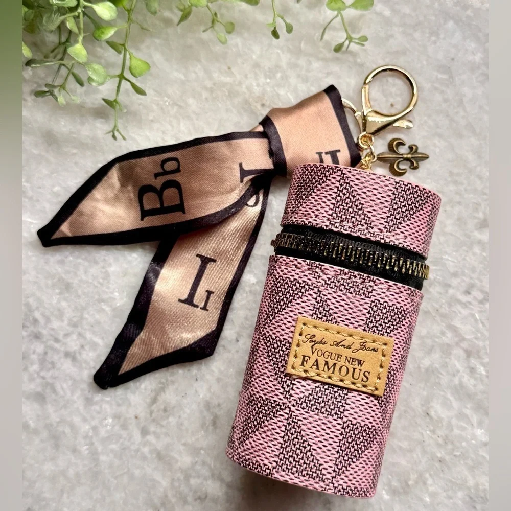 New Pink Geometric Print Mini Bag Purse Charm Keychain w/ Scarf & Fleur de Lis